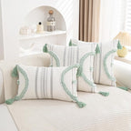 Boho Throw Pillow Covers 12x20 Set of 2 Cotton Woven Tufted Farmhouse Lumbar Pillows Covers with Tassels Outdoor Neutral Decorative Pillowcases Rectangle Textured Accent Cushion for Couch Bed Sofa