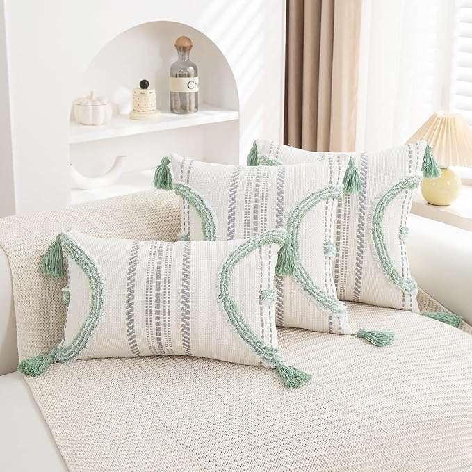 Boho Throw Pillow Covers 12x20 Set of 2 Cotton Woven Tufted Farmhouse Lumbar Pillows Covers with Tassels Outdoor Neutral Decorative Pillowcases Rectangle Textured Accent Cushion for Couch Bed Sofa