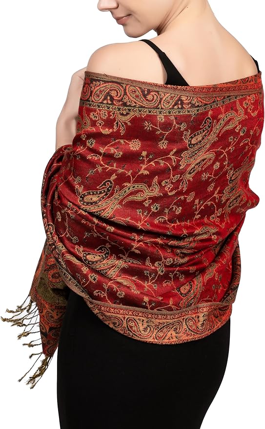 Achillea Reversible Paisley Pashmina Rave Scarf – Exotic Indian Shawls and Wraps for Evening Dresses, Festivals, All Seasons
