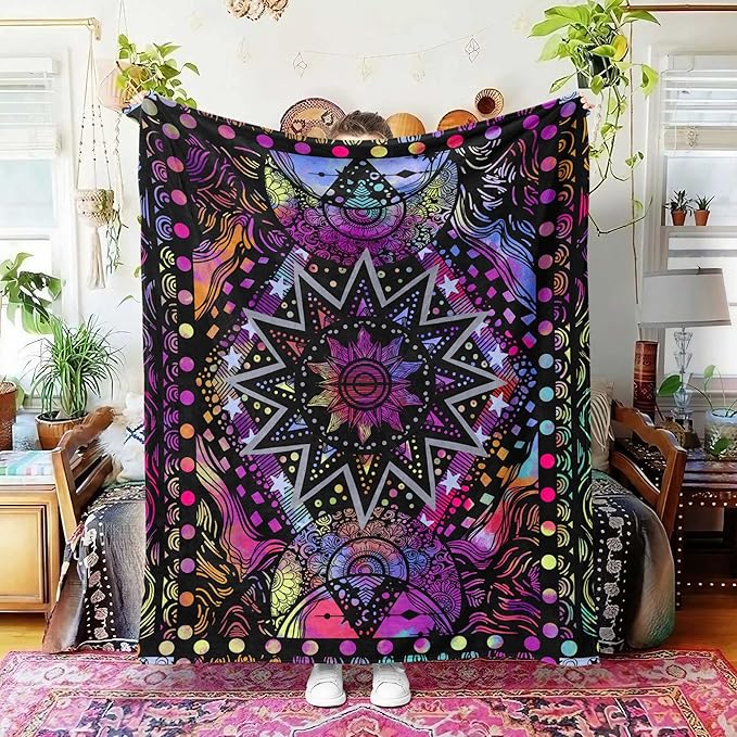 kampdream Colorful Ceometric Art Throw Blanket, Hippie Abstract Sun and Moon Purple Aesthetic Comforter Nap Throws for Couch Chair Bed Decor Comforter 40×50 inch