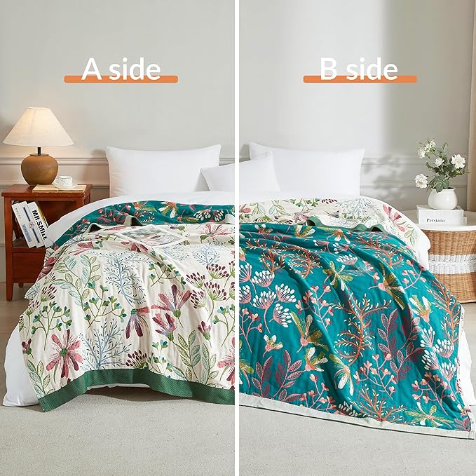 Boho Throw Blanket for Bed 90”x98”, 100% Cotton Woven Blanket for Couch Sofa, Ultra Soft 4-Layer Muslin Quilt with Floral Printed, Farmhouse Bed Blanket/Cover for Living Room Decor