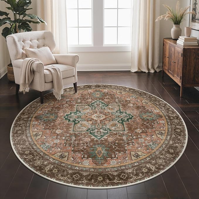 GENIMO 5FT Round Area Rugs for Living Room, Circle Rugs Machine Washable Low Pile, Chenille Non Slip Vintage Rug for Bedroom, Dining Room, Home Office, Charcoal Brown