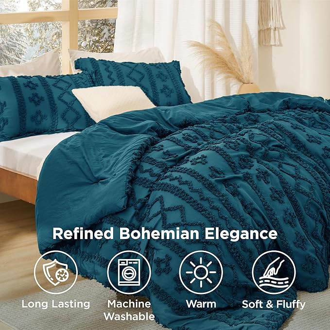 Bedsure Tufted Boho Comforter Set Queen Size - Teal Boho Bed Set, GentleSoft 3 Pieces Farmhouse Shabby Chic Embroidery Bedding, Gifts for Woman, Soft Jacquard Queen Comforter for All Seasons