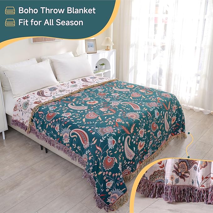 Boho Throw Blanket for Bed,100% Ultra Cotton Soft Breathable Bed Throw Floral Printed Farmhouse Decor Rustic Bed Throws for Couch Sofa Quilt White Flowers 90" x 98"