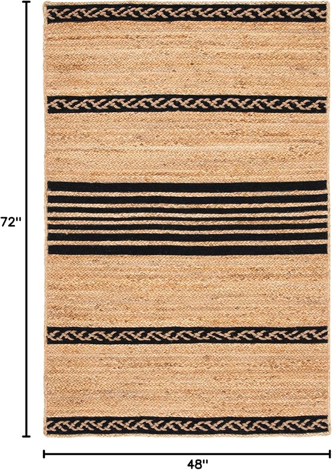 SAFAVIEH Natural Fiber Collection Accent Rug - 4' x 6', Natural & Black, Handmade Stripe Boho Farmhouse Rustic Braided Jute, Ideal for High Traffic Areas in Entryway, Living Room, Bedroom (NFB262Z)