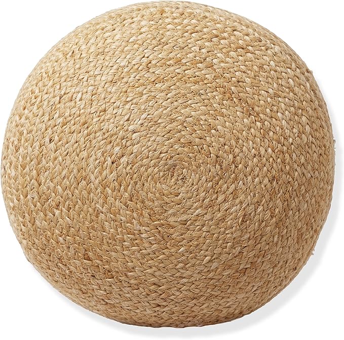 Casafield Hand-Braided Jute Pouf Ottoman Footrest, 18" W x 18" D x 18" H - Round, Natural Woven Boho Floor Cushion, Home Decor for Living Room