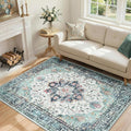Area Rugs 4'x6' Washable Non-Slip, Floral Vintage Distress Print Pattern Medallion Carpet for Living Room Bedroom Dining Room, Green Navy Blue White Red Teal Colorful