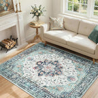 Area Rugs 4'x6' Washable Non-Slip, Floral Vintage Distress Print Pattern Medallion Carpet for Living Room Bedroom Dining Room, Green Navy Blue White Red Teal Colorful
