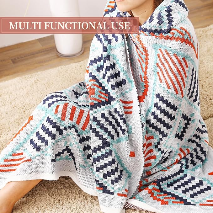 Knitted Queen Size Throw Blanket - Lightweight Breathable Summer Soft Blanket of Polyester Imitation Cotton for Anti-Static,Luxury Throws for Bed, Couch and Sofa,Orange Tassel Pattern