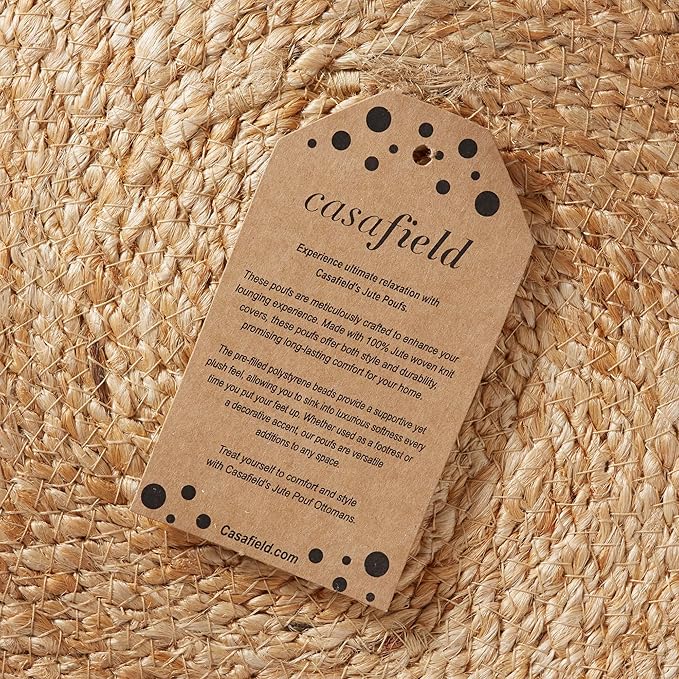 Casafield Hand-Braided Jute Pouf Ottoman Footrest, 14" W x 14" D x 16" H - Round, Natural Boho Home Decor, Woven Accent Footstool for Living Room