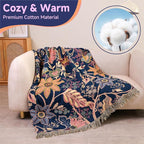 Boho Large Throw Blanket for Bed -100% Cotton Colorful Bed Throw, Ultra Soft Farmhouse Decor Bedding,80" x 90" Travel Blanket Rustic Throw for Picnic Sofa Couch Chair White&Blue