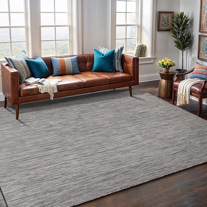 Washable Indoor Outdoor Rug 10x14 Weather Resistant Area Rugs Modern Solid for Porch Deck Balcony Backyard Patio Outside Carpet (10 X 14 Silver Grey)