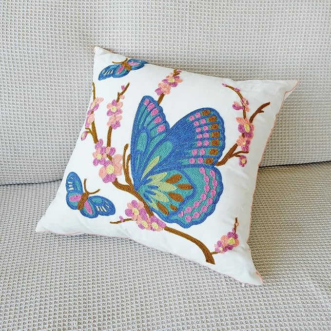 vctops Floral Butterfly Embroidered Pillow Covers 18x18 Inch Spring Summer Cotton Tufted Throw Pillow Cover Outdoor Garden Cushion Case for Sofa, Bed, Living Room (Butterfly,18"x18")