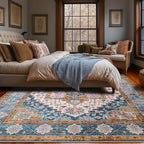 YJ.GWL Area Rugs for Living Room 4x6 Machine Washable Rugs for Bedroom, Non Slip Floral Vintage Rug Indoor Carpet, Stain Resistant Throw Rug for Dining Room Kitchen, Brown Blue