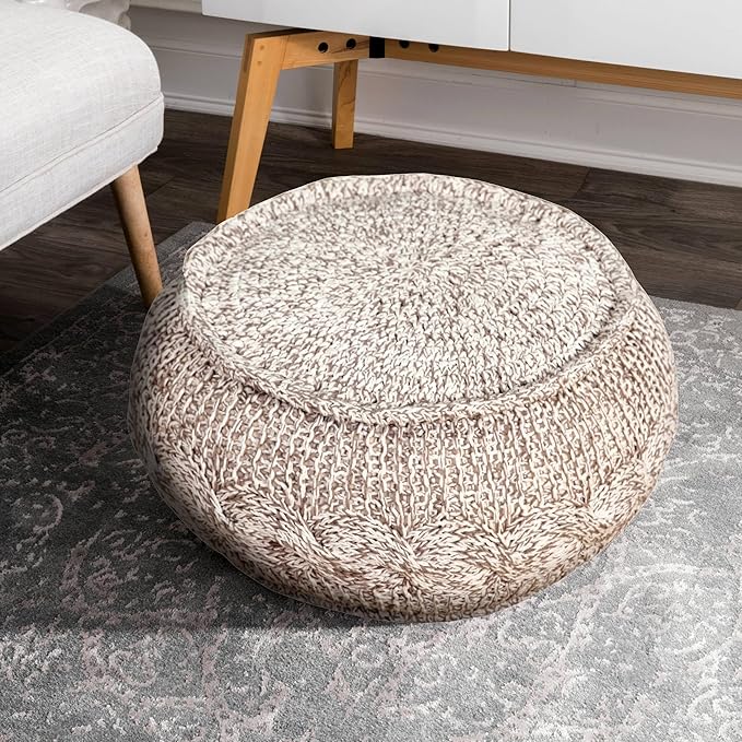 L. R. Resources, Inc. LR Home Beige/White Cable Knit Cotton Pouf for Home Decor | Hand Made Modern Foot Rest for Bedroom & Living Room Décor | 20 x 20 x 12 Stuffed Pouf for Seating