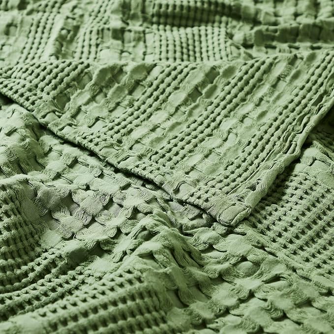 VHC Brands 100% Cotton Waffle Weave Olive Green Oversized King Size Blanket 120x120, Decorative Cotton Throw Blanket, Boho Farmhouse Bedroom Decor for Bed, Couch, or Sofa
