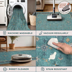 Teal Boho 2x5 Non Slip Small Kitchen Rug Runner - Washable Low Pile & Soft Carpet for Bathroom, Bedroom Beside Bed, Non Skid Floral Vintage Rugs for Laundry Room, Entryway