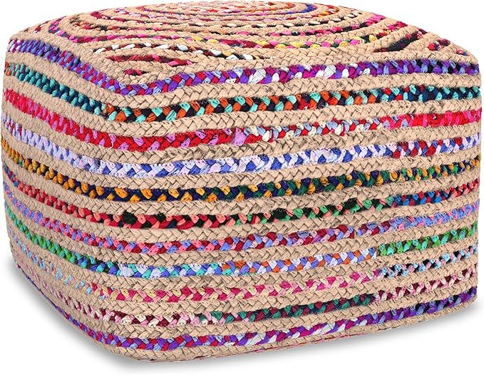 SIMPLIHOME Margo Square Pouf - 20 inch Wide Handwoven Jute and Cotton Chindi Braided Ottoman in Multi-Color, Boho-Style Footstool or Extra Seating for Living Room with Polystyrene Beads, Assembled