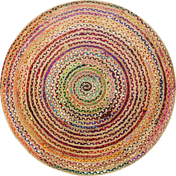 COTTON CRAFT Jute Chindi Braid Rag Rug - Boho Farmhouse Rustic Area Accent Throw Rug - Handwoven Reversible Natural Recycled Cotton - Living Room Den Study Home Décor Gift - 4 Feet Round - Multi Color