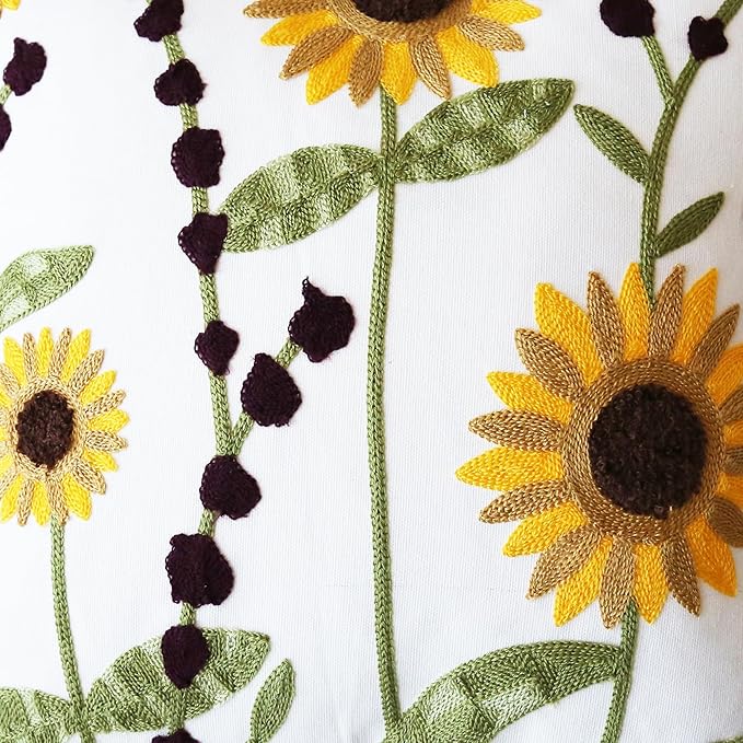 Sunflower Pillow Cover Boho Embroidered Pillow Covers for Couch Sofa Yellow Flowers Bohemian Pillow Covers Cotton Linen Botanical Plant Leaves 2PCS Pillowcase Covers 18x18 Inch