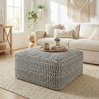SIMPLIHOME Safford Square Pouf - 20 inch Wide Upholstered PET Polyester Ottoman in Cream White and Deep Black, Boho Indoor/Outdoor Footstool or Extra Seating for Living Room or Patio, Assembled