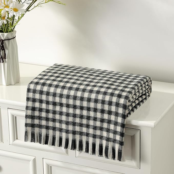 CREVENT Farmhouse Boho Knitted Throw Blanket for Couch Sofa Chair Bed Home Decoration, Soft Warm Cozy Light Weight for Spring Summer Fall (50''X60'' Plaid Black)