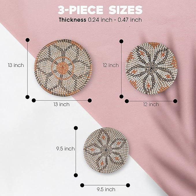 Clinton Calicep & Nicolea Woven Wall Basket Decor Set of 3 - Modern Boho Rustic Wicker Hanging Wall Baskets - Natural Decorative Storage for Bedroom, Kitchen, Living Room & Dining Room