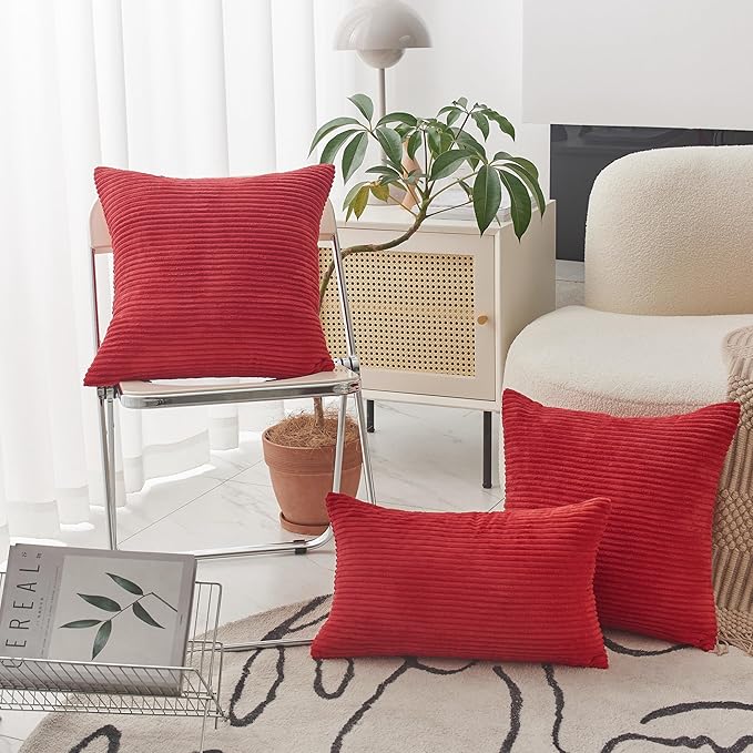 Home Brilliant Red Pillow Covers 20x20 Set of 2 Super Soft Corduroy Stripes Velvet Decorative Throw Pillow Covers for Couch Patio, 20 x 20 Inches, Red