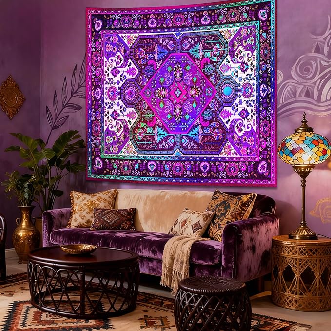 Apdidl Blackligt Boho Hippie Wall Tapestry for Bedroom Aesthetic, Glow in The Dark Neon Indian Bohemian Mandala Tapestries, UV Reactive Purple Floral Blanket Vertical Wall Hanging for Living Room 51" X 60"