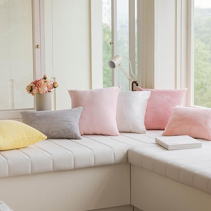 Home Brilliant Pink Throw Pillows for Sofa Euro Sham Striped Corduroy Velvet Pillow Covers 60x60 cm Set of 2 Cushion Cover for Couch Decor, 24 x 24 inch, Baby Pink
