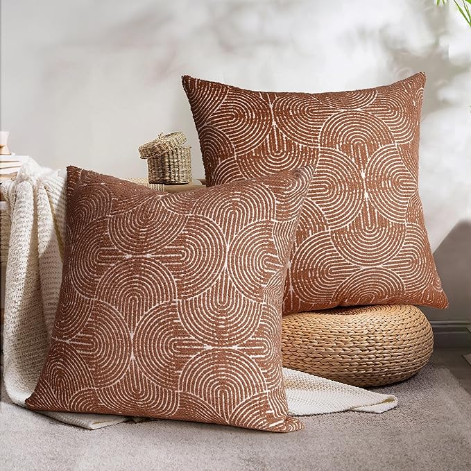 AELS Boho Decorative Textured Throw Pillow Covers 26x26, Modern Mid Century Rainbow Tufted Pillow Case, Farmhouse Rustic Geometric Woven Cushion Case for Bed Couch Sofa, Burnt Orange