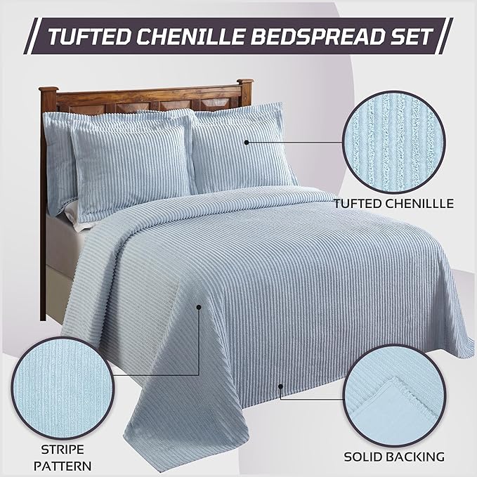 Better Trends Chenille Bedspreads Twin Size, Blue 100% Cotton Chenille Stripe Design Tufted Bedding Coverlet Soft Lightweight, 96"x110" with 1 PC Sham 2 Pieces Set Jullian Collection