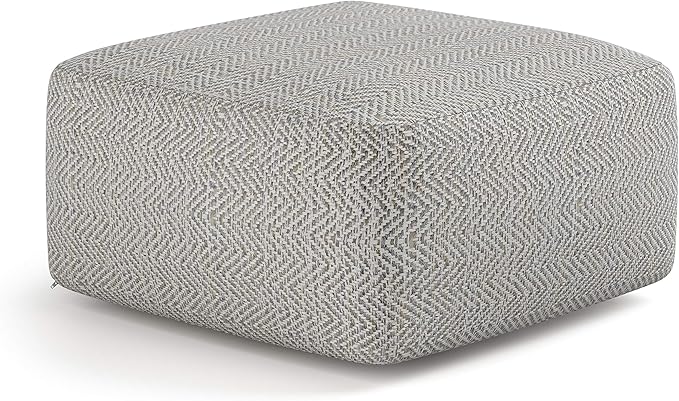 SIMPLIHOME Nate Square Pouf - 20 inch Wide Upholstered Handwoven Cotton Ottoman in Patterned Grey Melange, Boho Footstool or Extra Seating for Living Room with Artisanal Texture, Assembled