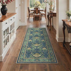 Bavni 2'6''x6 Runner Rug,Microfiber Washable Non-Slip Vintage Floral Rugs,Low Pile Lightweight Carpet for Bedroom,Hallway,Entryway,Kitchen,Bathroom, Tea Green/Blue