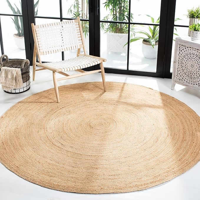 SAFAVIEH Natural Fiber Collection Area Rug - 8' Round, Natural, Handmade Boho Braided Jute, Ideal for High Traffic Areas in Living Room, Bedroom (NFB310A)