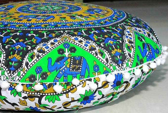 Round Mandala Floor Pillow Cover Seating Cushion Throw Cover Ottoman Pouf Cover Pom Pom Pillow Cases Hippie Decorative Bohemian Boho Indian 22 Inches (Green Blue)