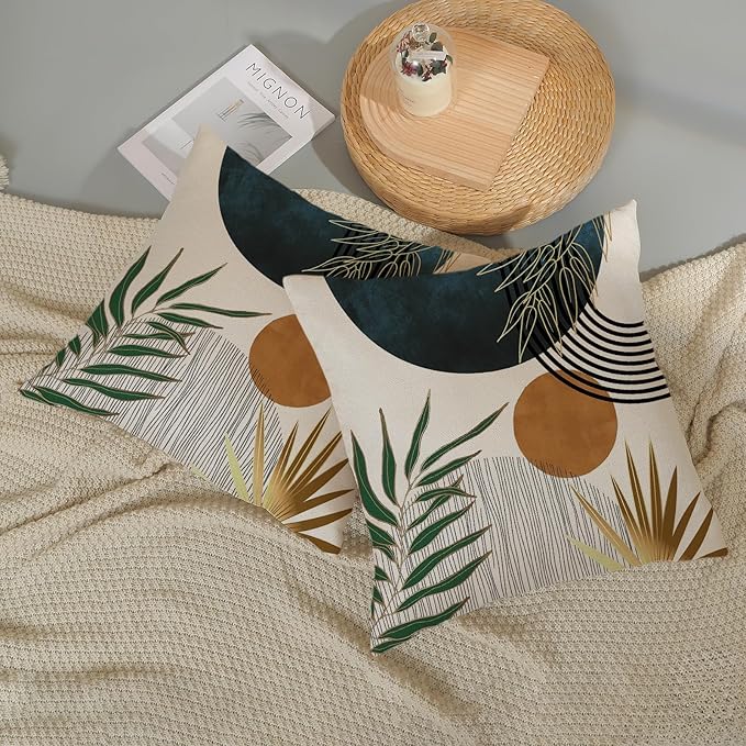 Boho Pillow Covers 18x18 Set of 2 Green Gold Navy Blue Throw Pillows Tropical Leaves Sunset Decor Modern Mid Century Pillowcase Outdoor Decorations Bohemian Linen Cushion Case for Couch Sofa