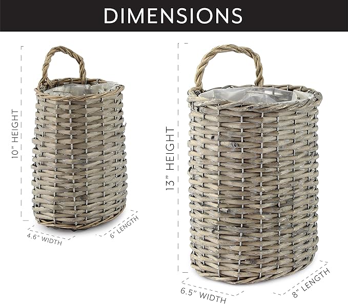 AuldHome Design Wall Hanging Baskets (Set of 2, Gray); Woven Wicker Rustic Farmhouse Gray Washed Door Baskets, Small and Medium Size