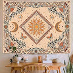 Accnicc Boho Sun and Moon Tapestry Hippie Mandala Floral Wall Tapestry for Bedroom Aesthetic Vintage Butterfly Plant Beige Small Tapestries Wall Hanging for Dorm Living Room Decor 60 x 44 Inch