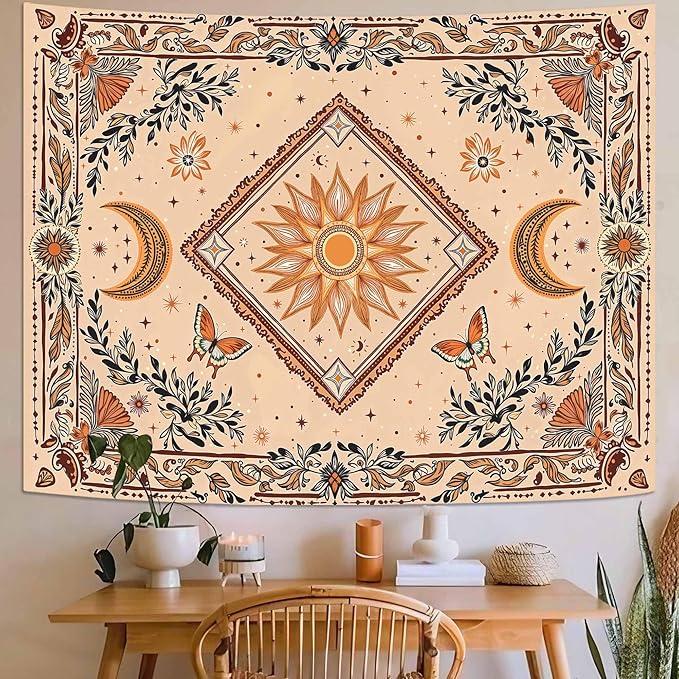 Accnicc Boho Sun and Moon Tapestry Hippie Mandala Floral Wall Tapestry for Bedroom Aesthetic Vintage Butterfly Plant Beige Small Tapestries Wall Hanging for Dorm Living Room Decor 48 x 36 Inch