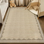 GarveeHome Scalloped 4 x 6 Rug Non-Slip Washable Low-Pile Carpet - Solid Tan Jute Digital Printing Modern Rugs for Bedroom Living Room Nursery Kitchen Indoor Mat with Rubber Back