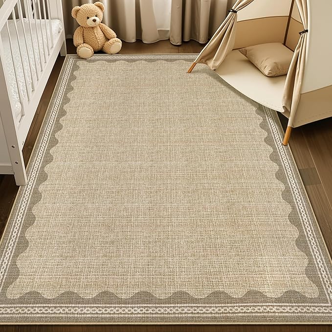 GarveeHome Scalloped 4 x 6 Rug Non-Slip Washable Low-Pile Carpet - Solid Tan Jute Digital Printing Modern Rugs for Bedroom Living Room Nursery Kitchen Indoor Mat with Rubber Back