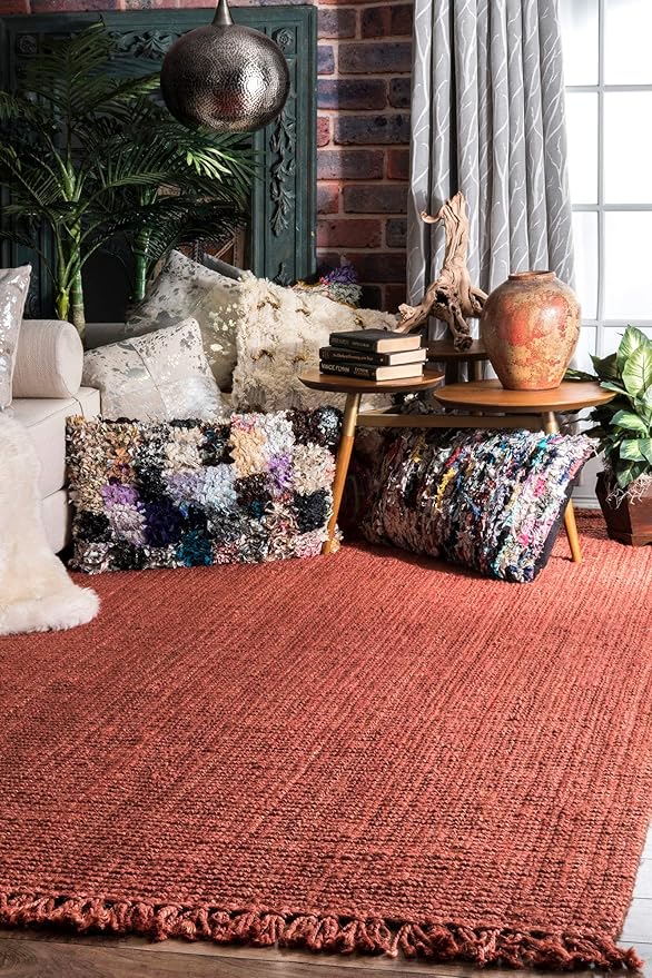 nuLOOM 5x8 Daniela Jute Tassel Hand Woven Area Rug, Brick, Solid Chunky Farmhouse Design, Natural Fiber, For Bedroom, Dining Room, Living Room, Hallway, Office, Entryway
