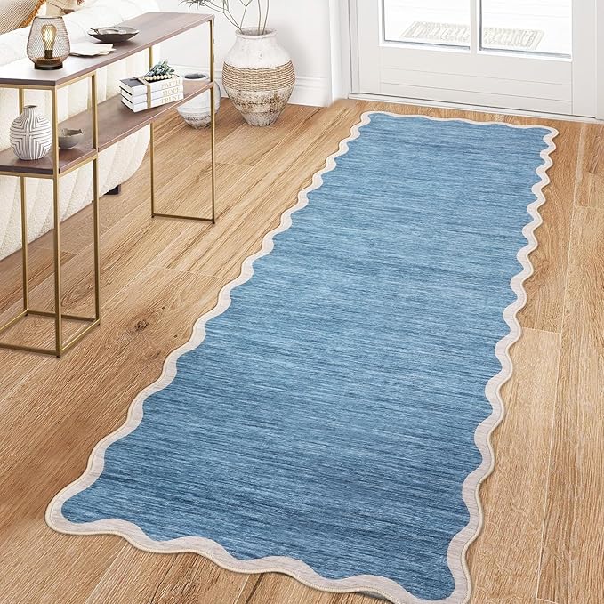 GarveeHome Scalloped Washable Runner Rugs 2x6 Rug Runner Modern Non Slip Kitchen Rugs Indoor Entryway Rug Farmhouse Soft Bath Mat Stain Resistant Carpet for Bedroom Hallway Laundry 2 ft x6 ft Blue