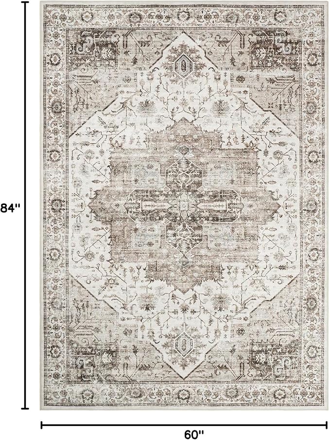 5x7 Area Rugs, Stain Resistant Machine Washable Area Rugs with Non-Slip Backing, Vintage Rugs for Bedroom, Living Room, Large Soft Low Pile Area Rug (White/Brown, 5'x7')