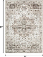 5x7 Area Rugs, Stain Resistant Machine Washable Area Rugs with Non-Slip Backing, Vintage Rugs for Bedroom, Living Room, Large Soft Low Pile Area Rug (White/Brown, 5'x7')
