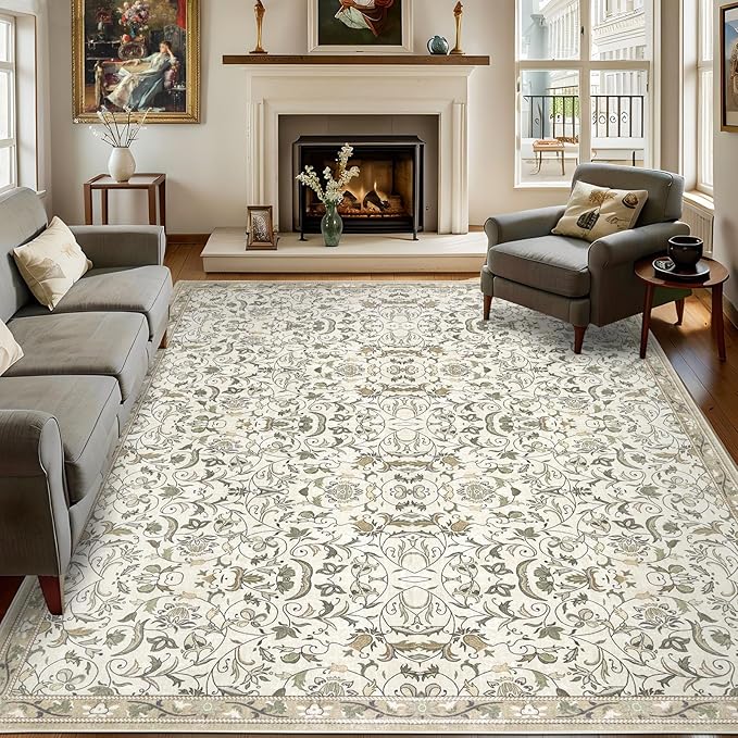 5×7 Washable Large Area Rugs for Living Room, Floral Soft Rug Non Slip Stain Resistant Carpet for Bedroom Dining Room Kitchen Farmhouse Home Decor，Beige Multi 061