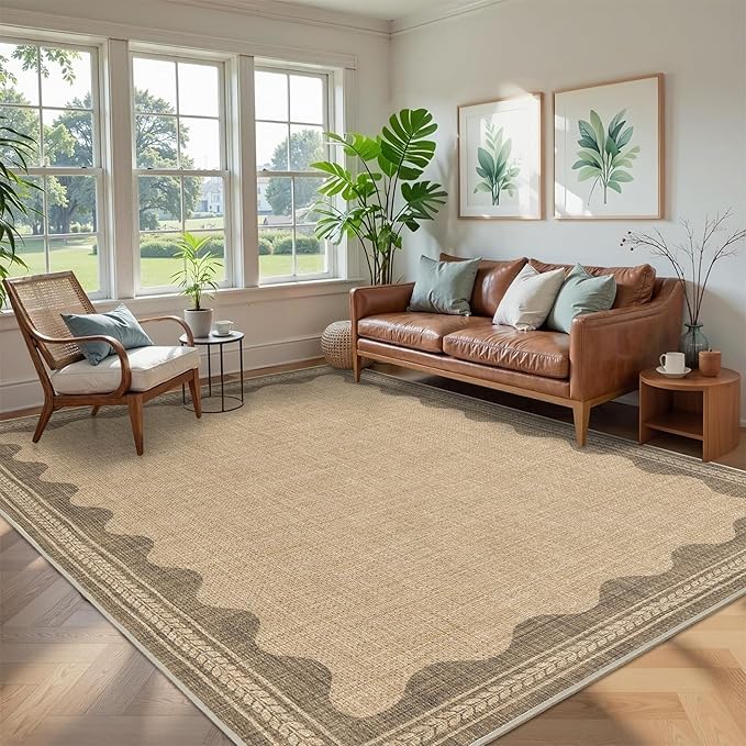 Easy Jute Rug 6x9 Outdoor Patio Rug Scalloped Washable Rugs for Living Room Bedroom Non Slip Neutral Farmhouse Indoor Outdoor Carpet for Backyard Patio Office