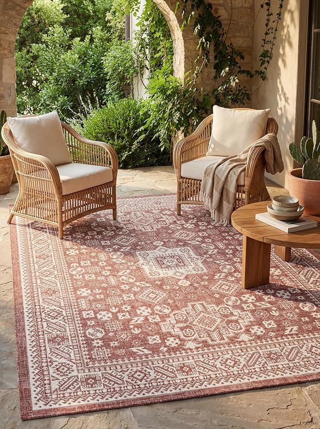 Rugs.com Outdoor Aztec Collection Rug – 9' x 12' Rust Red Flatweave Rug Perfect for Living Rooms, Large Dining Rooms, Open Floorplans