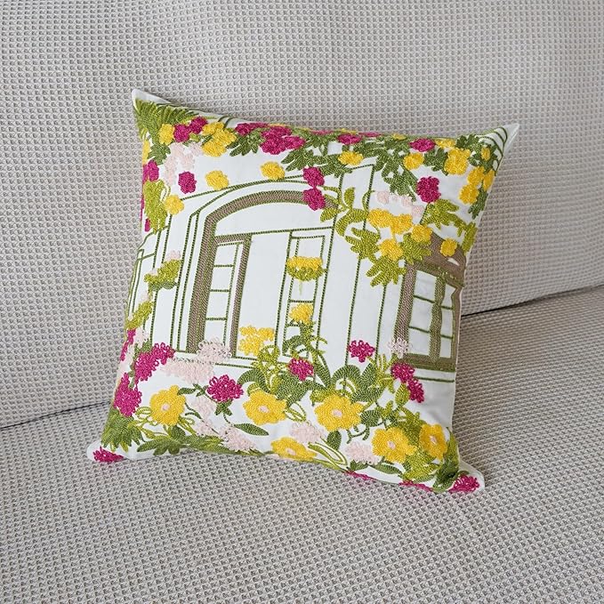 vctops Spring Embroidered Decorative Throw Pillow Cover Summer Floral Square Pillow Cases Garden Cotton Cushion Cover for Couch Sofa Bed (Flower C,18"x18")